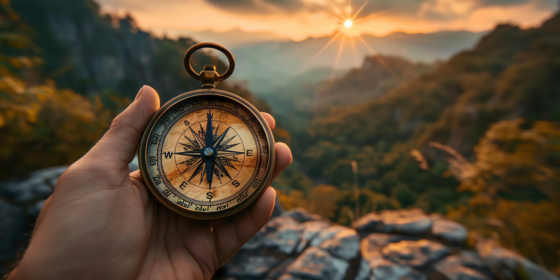 A compass held toward a sunlit mountain horizon